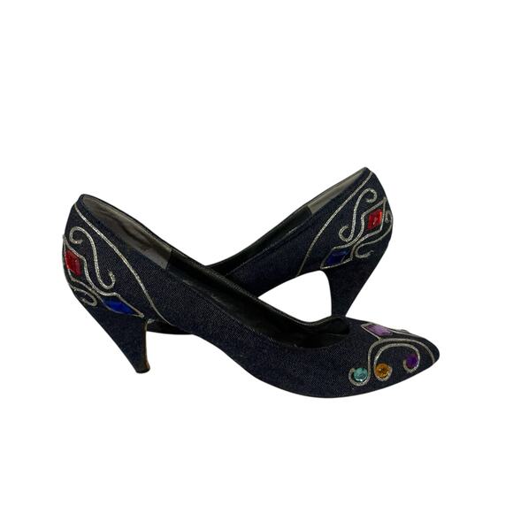 VIntage 80s Glitter Bedazzeled Jeweled Denim J. Renee heels 8.5 N - Picture 2 of 9